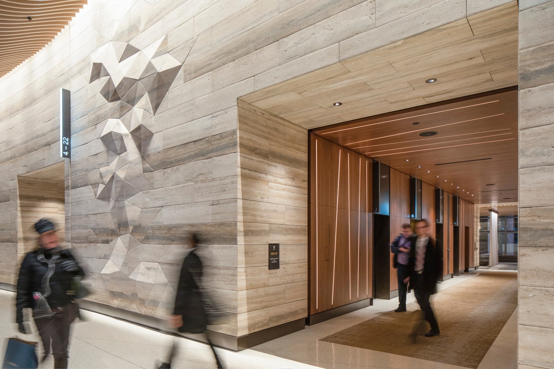 NBBJ, Seattle, Stone, Two Union Square, WA, elevator lobby, fractal, interior, lobby, people