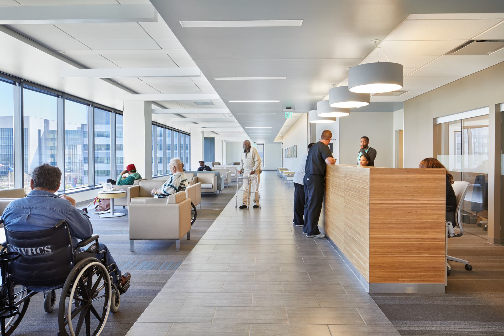 veteran, wheelchair, lobby, waiting, outpatient, VA, SOUTHEAST LOUISIANA VETERANS HEALTH CARE HOSPITAL, NEW ORLEANS, LOUISIANA, NBBJ