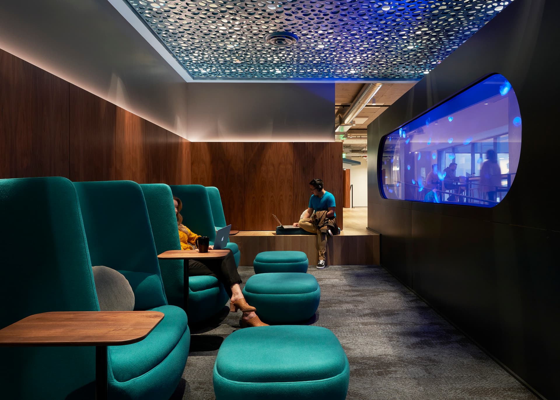 sunken living room, lounge, jellyfish, jellyfish lounge, amenity space, workspace, quiet, fish tank, aquarium,